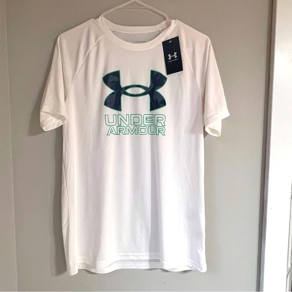 Under Armour Boys XL Tech Hybrid Dri-Fit Loose Cool White Green Black TShirt NWT